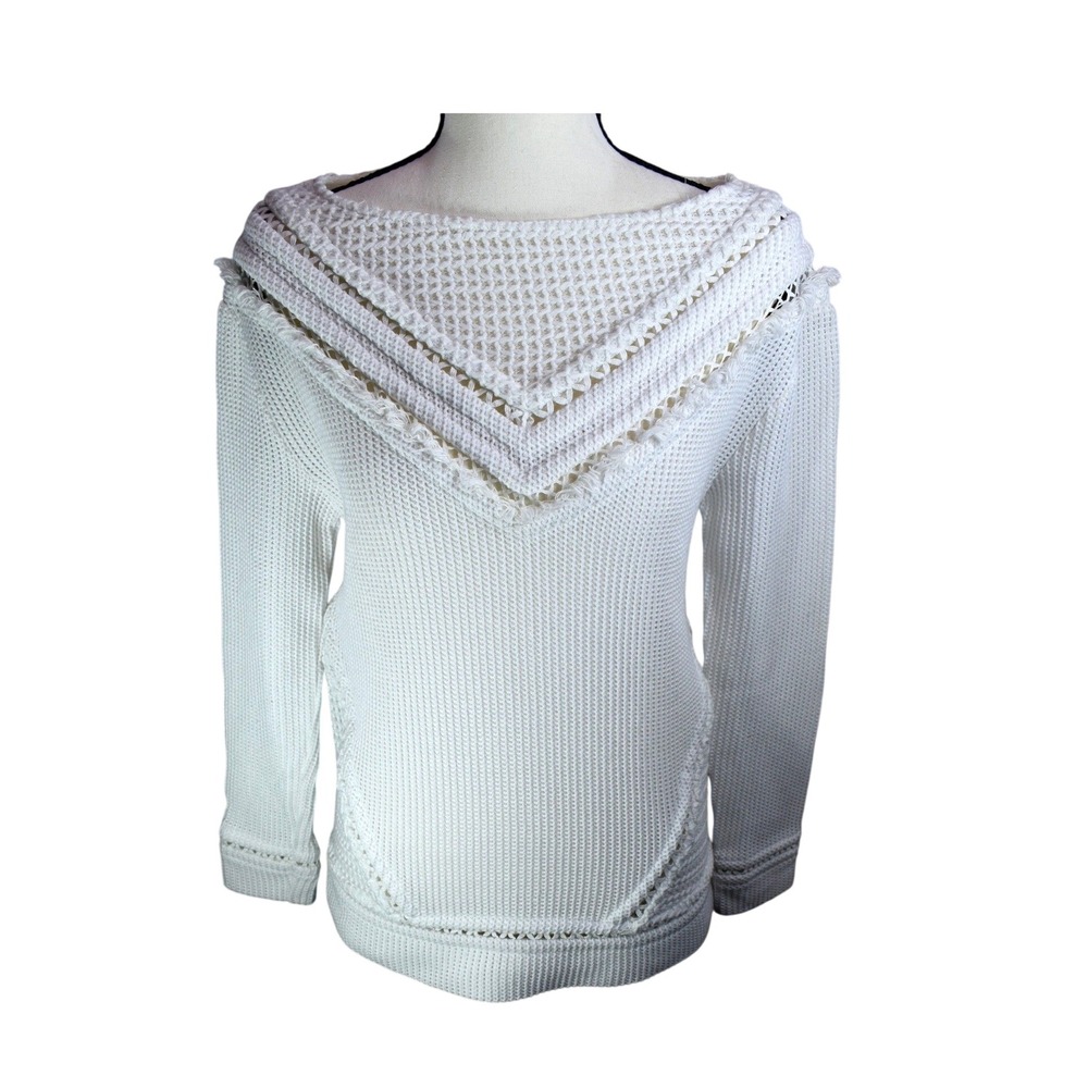 Saylor White Knit Boat Neck Sweater V-Panel Eyelet Fringe Detail Small